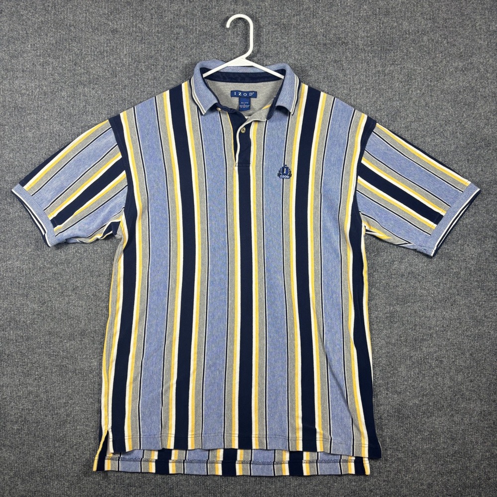 Vintage IZOD Polo Mens L Blue Navy Yellow Gray Vertical Striped Short Sleeve